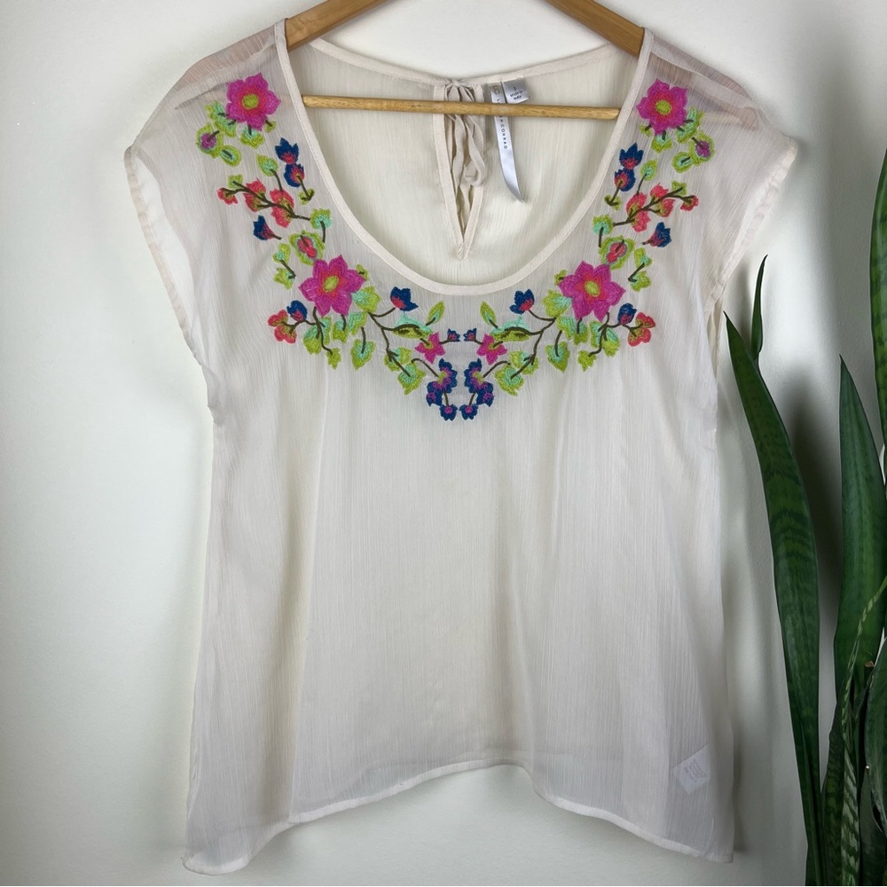LC Lauren Conrad Sheer Beige Women’s Blouse with Floral Embroidery - Small